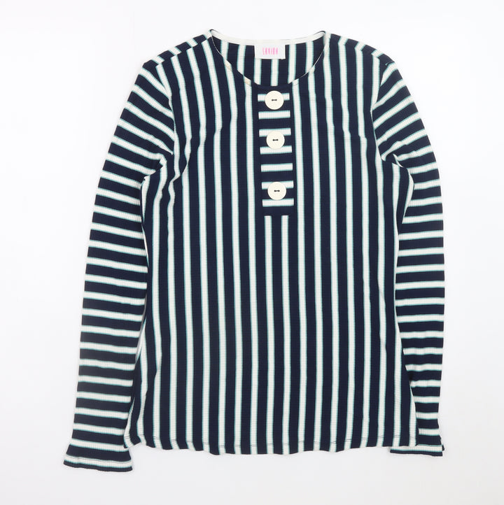 Savida Women’s Blue Striped Long Sleeve Crew Neck Button T-Shirt Size 14