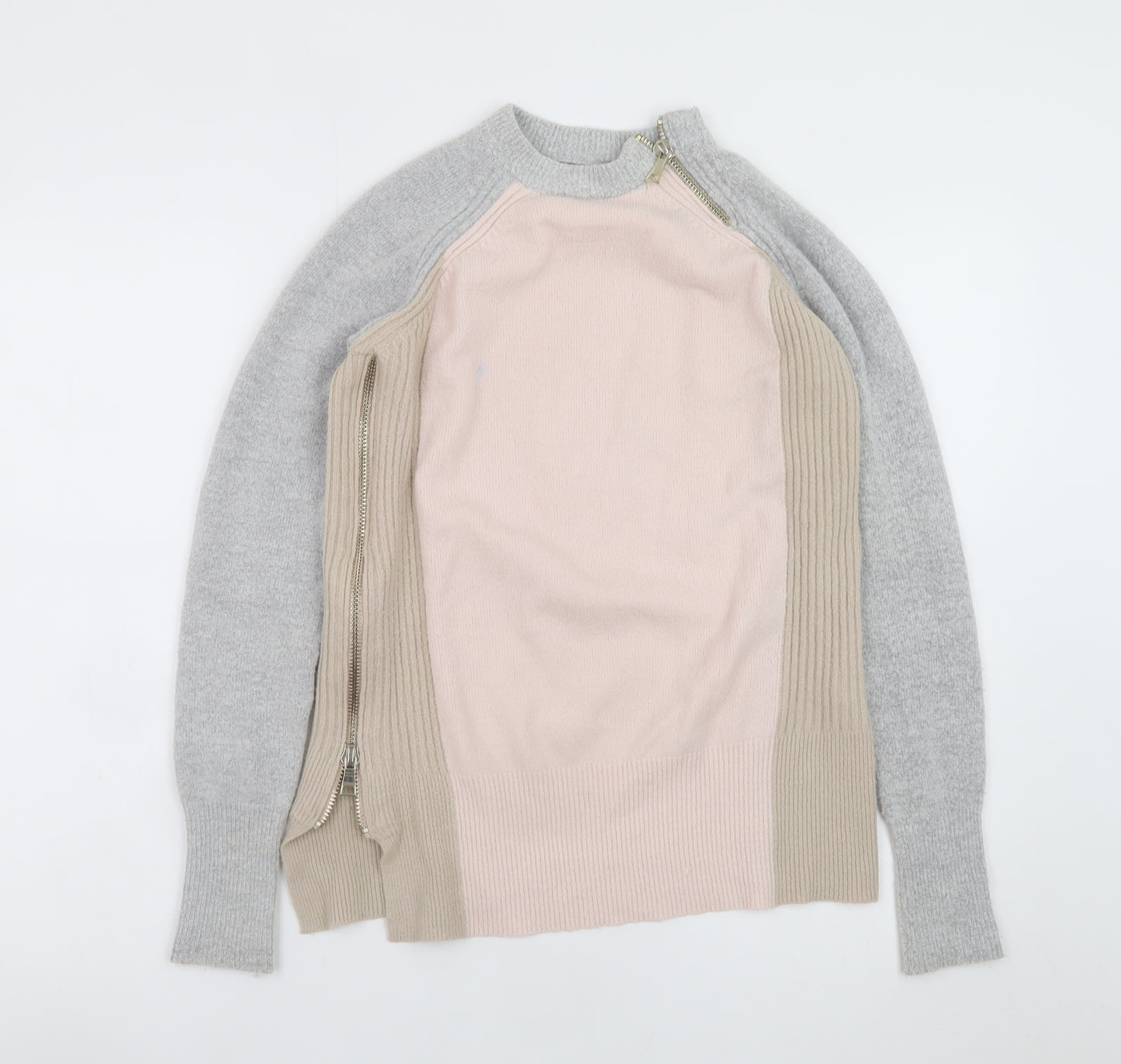 River Island Women's Beige Crew Neck Zip Detail Jumper Size 8