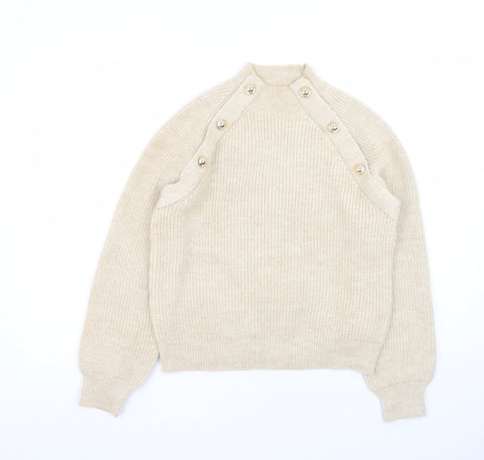 Primark Women’s Beige Mock Neck Button Pullover Jumper XS