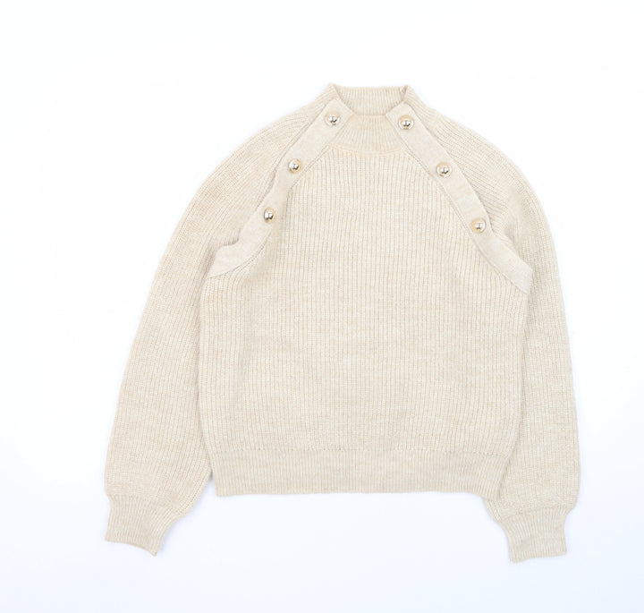 Primark Women’s Beige Mock Neck Button Pullover Jumper XS