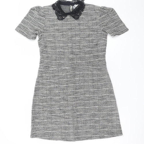 River Island Women Grey Check Shift Dress Size 12 Short Sleeve Lace Collar