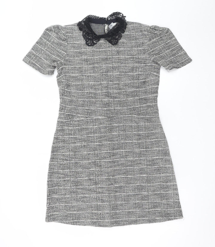 River Island Women Grey Check Shift Dress Size 12 Short Sleeve Lace Collar