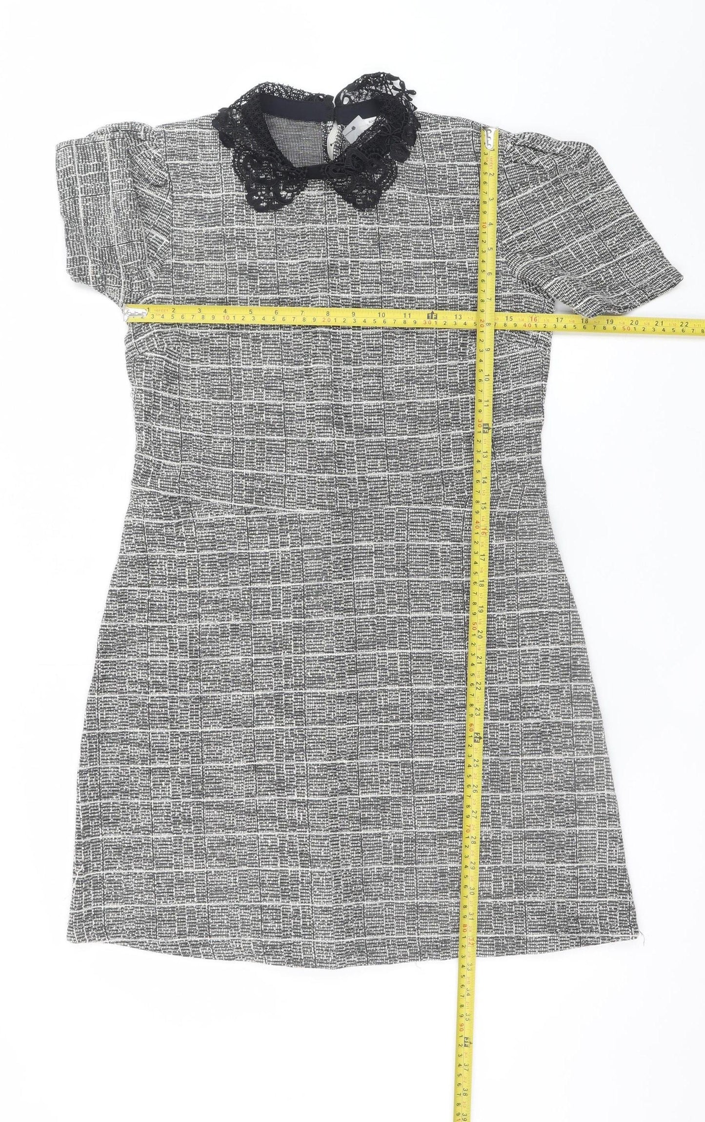 River Island Women Grey Check Shift Dress Size 12 Short Sleeve Lace Collar