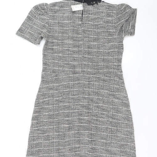 River Island Women Grey Check Shift Dress Size 12 Short Sleeve Lace Collar
