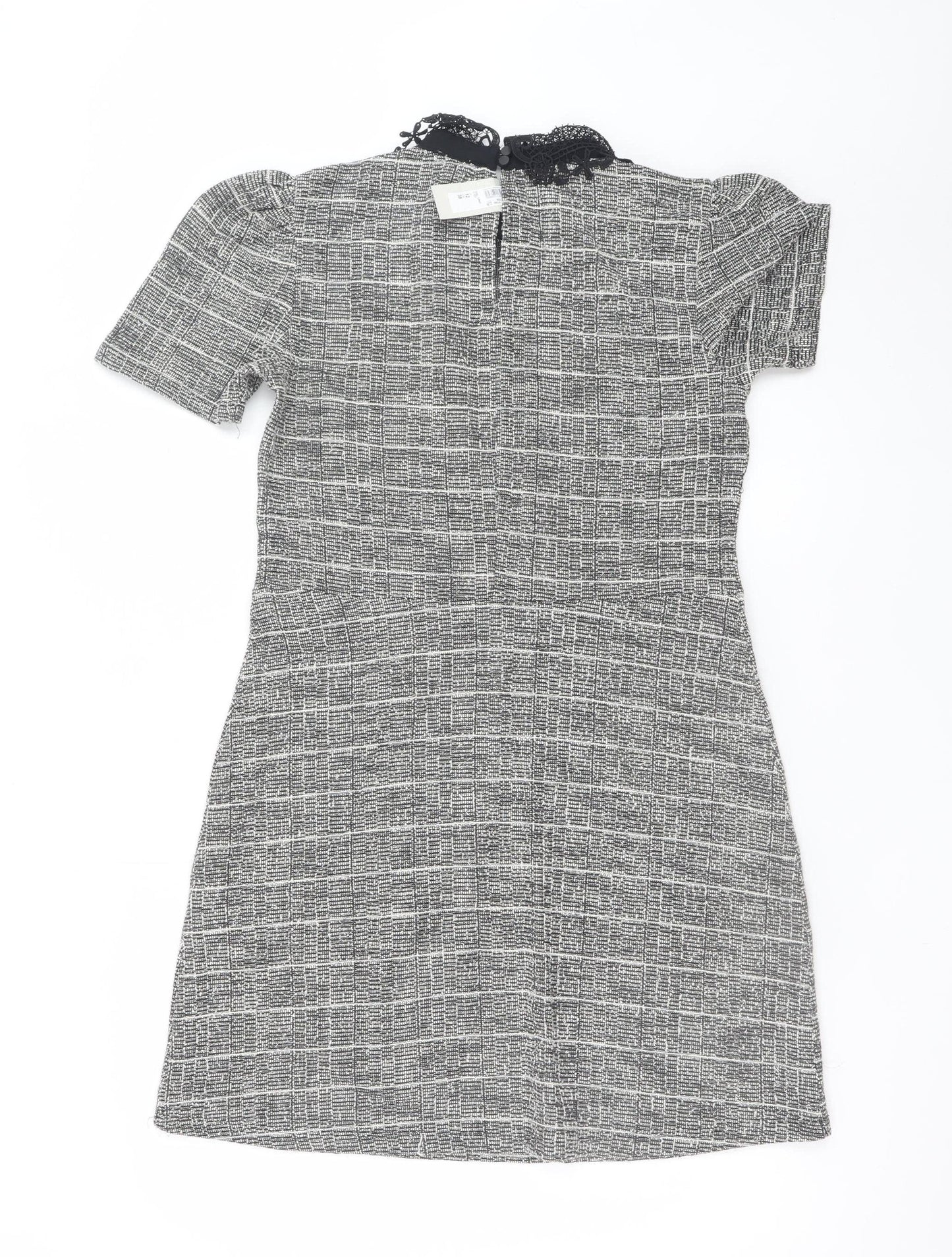 River Island Women Grey Check Shift Dress Size 12 Short Sleeve Lace Collar
