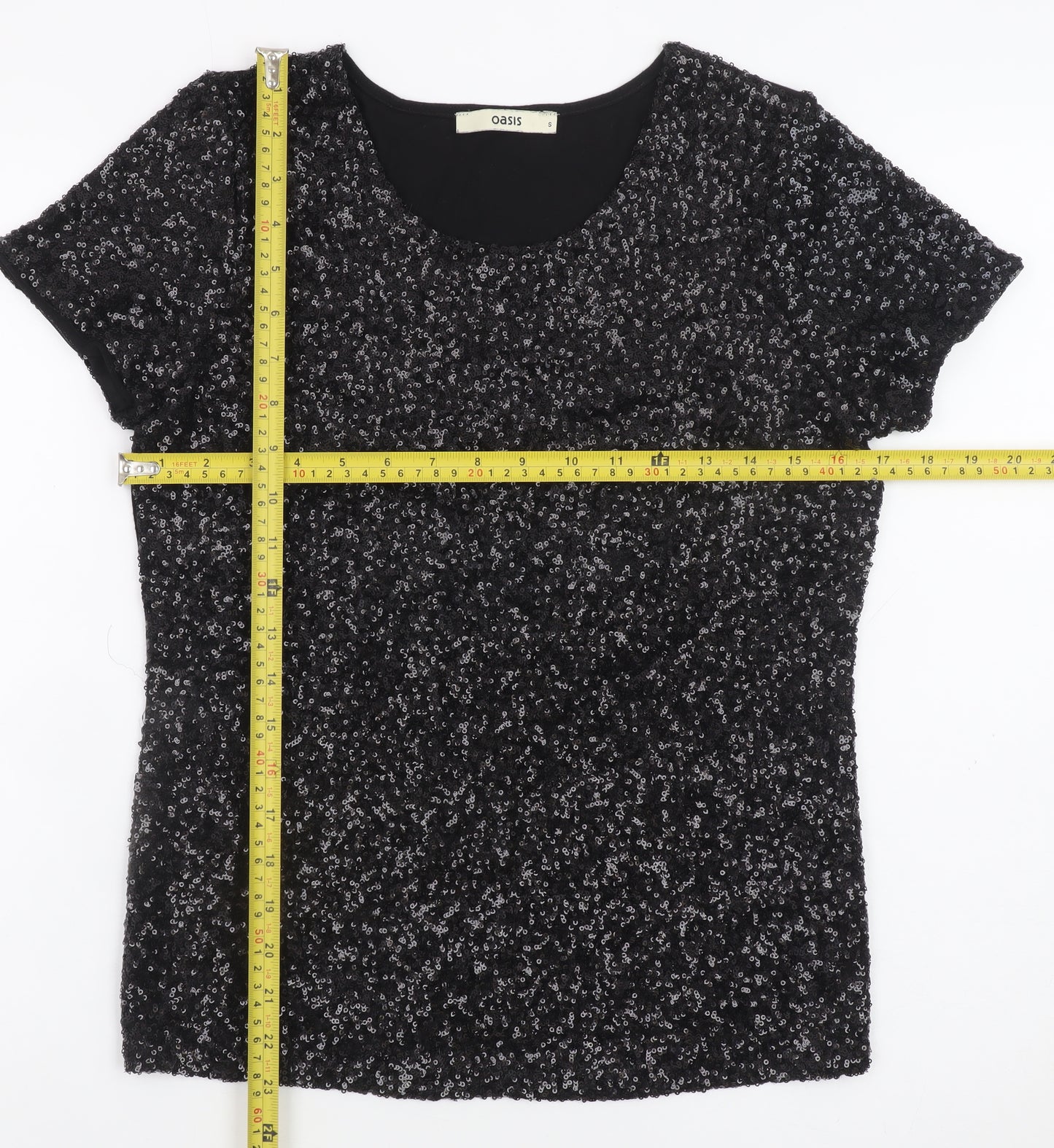 Oasis Women's Black Sequin Short Sleeve Party Top Size S