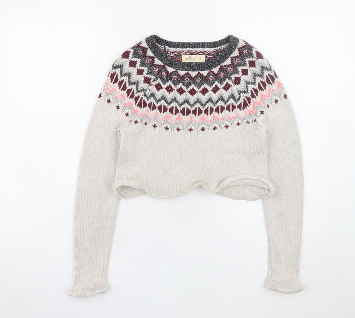Hollister Women's Beige Fair Isle Knit Jumper Size S