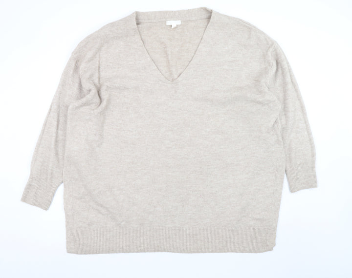 H&M Women Beige V-Neck Long Sleeve Pullover Jumper Size 20