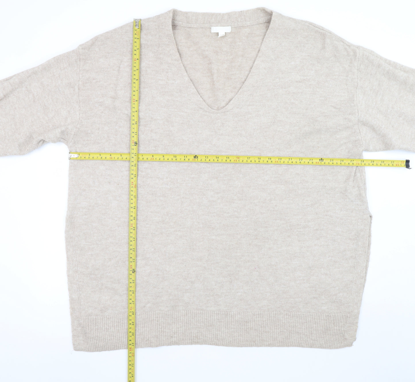 H&M Women Beige V-Neck Long Sleeve Pullover Jumper Size 20