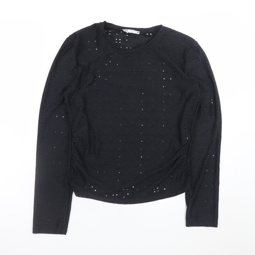 Zara Women Black Long Sleeve Cotton Blend Eyelet T-Shirt M