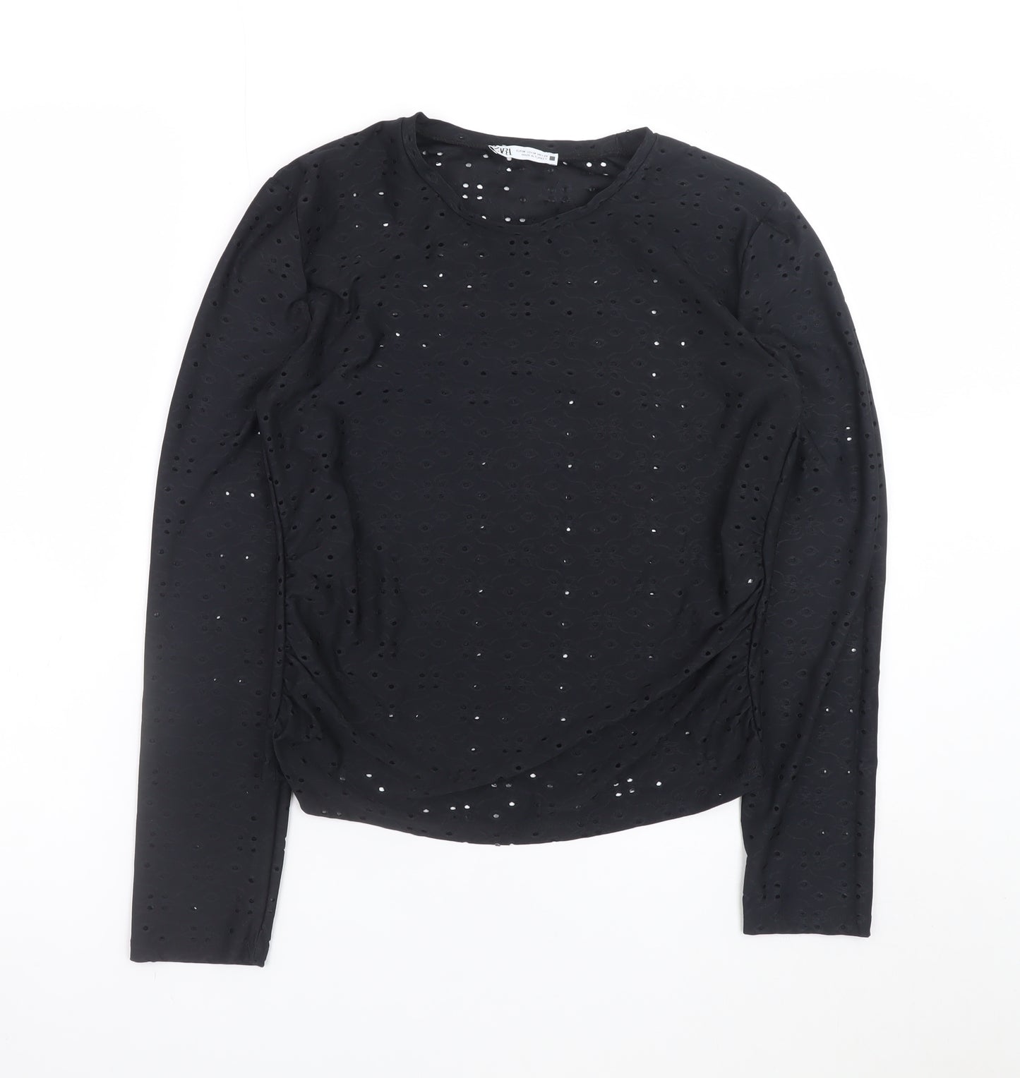 Zara Women Black Long Sleeve Cotton Blend Eyelet T-Shirt M
