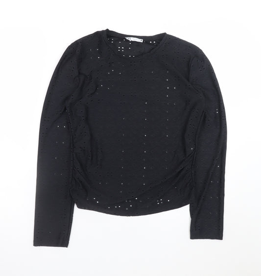 Zara Women Black Long Sleeve Cotton Blend Eyelet T-Shirt M
