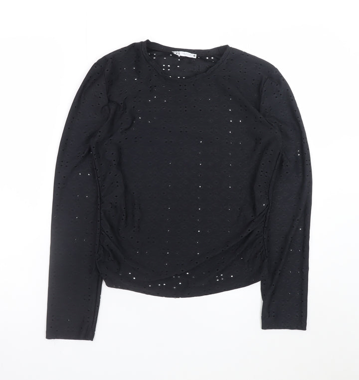 Zara Women Black Long Sleeve Cotton Blend Eyelet T-Shirt M