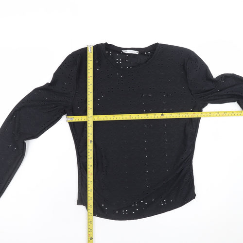 Zara Women Black Long Sleeve Cotton Blend Eyelet T-Shirt M