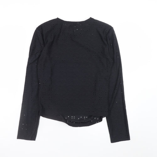Zara Women Black Long Sleeve Cotton Blend Eyelet T-Shirt M