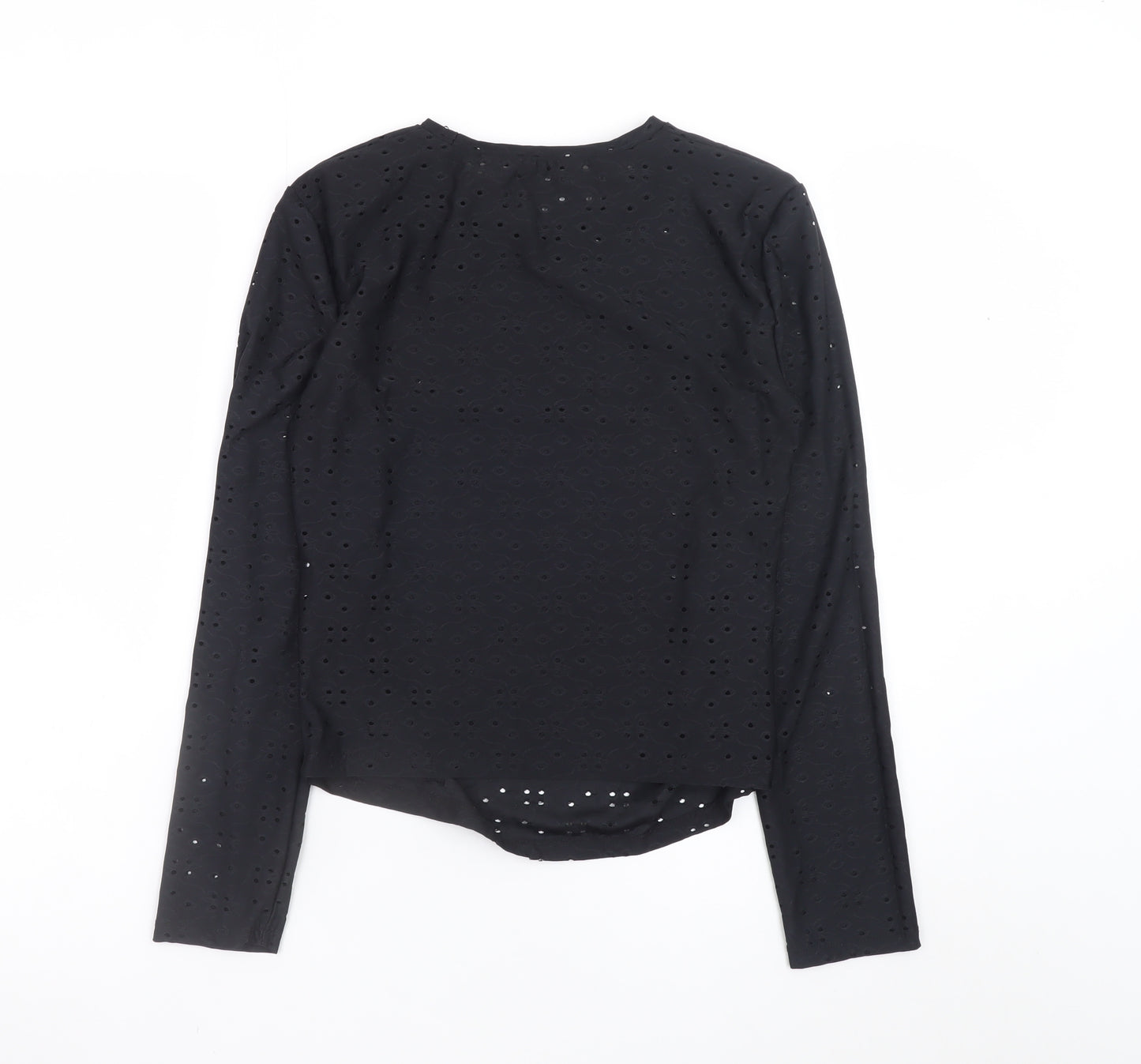 Zara Women Black Long Sleeve Cotton Blend Eyelet T-Shirt M