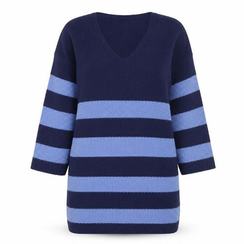Nova Notte Women's Blue Striped V-Neck Knit Jumper Dress S