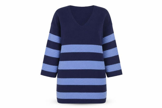Front view of Nova Notte Women's Blue Striped V-Neck Knit Jumper Dress S