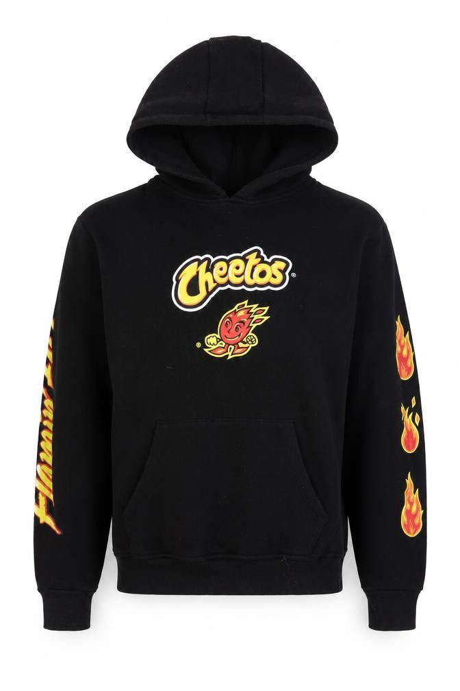 Front view of Cheetos Men’s Black XS Pullover Hoodie Graphic Print Fleece