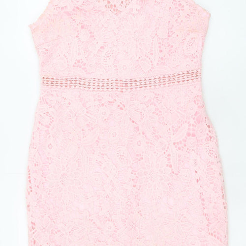 EillyBazar Women's Pink Lace Sleeveless Bodycon Short Dress L
