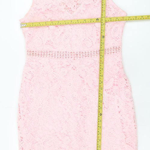 EillyBazar Women's Pink Lace Sleeveless Bodycon Short Dress L