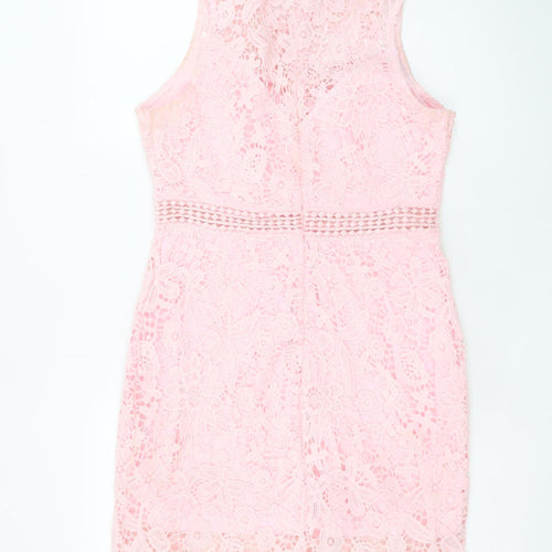 EillyBazar Women's Pink Lace Sleeveless Bodycon Short Dress L