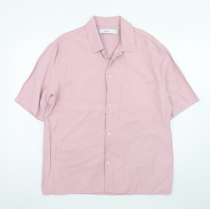 Bershka Men's Pink Short Sleeve Button-Up Shirt L Regular Fit