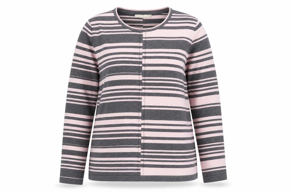 Front view of Micha M Women's Grey Pink Striped Long Sleeve Jumper, size M