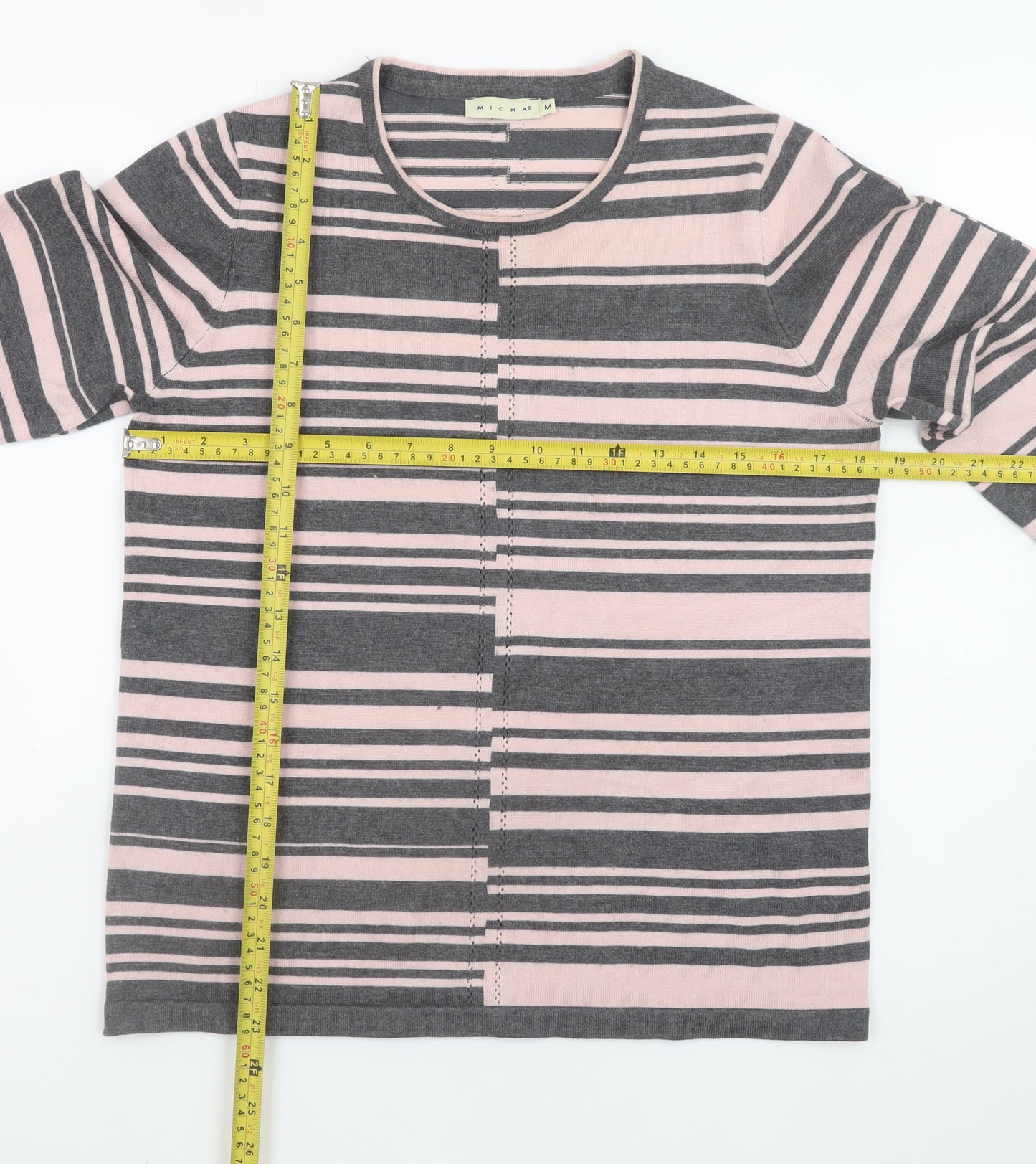 Micha M Women's Grey Pink Striped Long Sleeve Jumper Size M