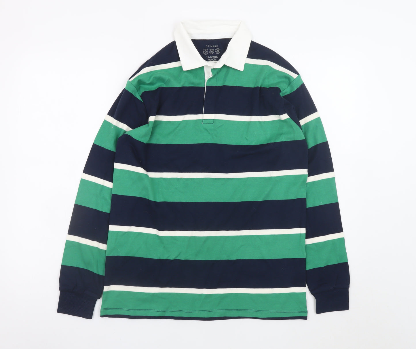 Primark Boys Green & Navy Striped Long Sleeve Polo Rugby Shirt 13-14 Years