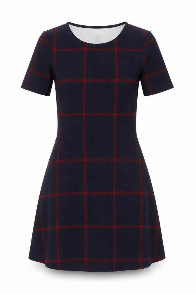 Front view of H&M Divided Women's Blue Check A-Line Short Sleeve Dress, size 6