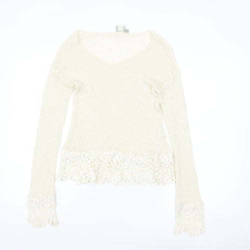 ASOS Women Ivory V-Neck Knit Lace Hem Jumper Size 8