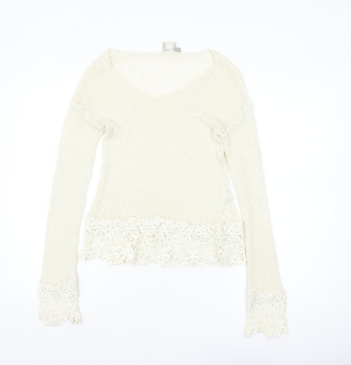 ASOS Women Ivory V-Neck Knit Lace Hem Jumper Size 8
