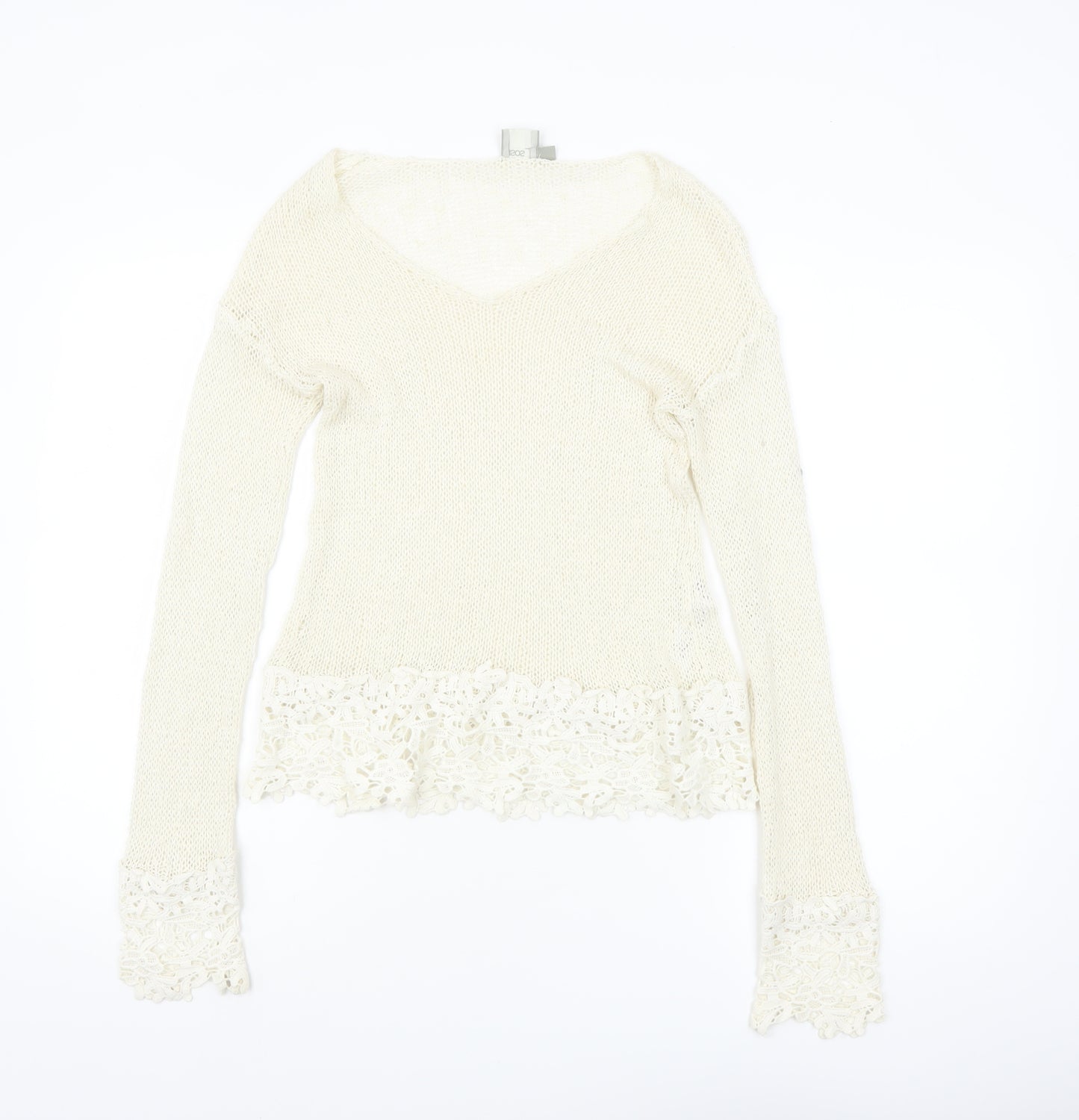 ASOS Women Ivory V-Neck Knit Lace Hem Jumper Size 8