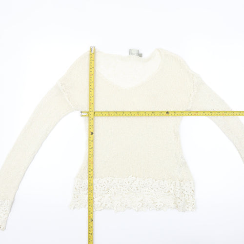 ASOS Women Ivory V-Neck Knit Lace Hem Jumper Size 8
