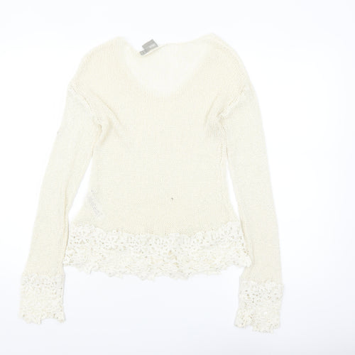 ASOS Women Ivory V-Neck Knit Lace Hem Jumper Size 8