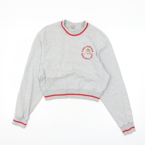 ASOS Women Grey Crop Sweatshirt UK 6 Crew Neck Graphic Print