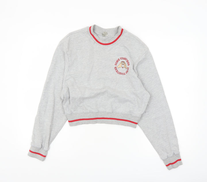 ASOS Women Grey Crop Sweatshirt UK 6 Crew Neck Graphic Print