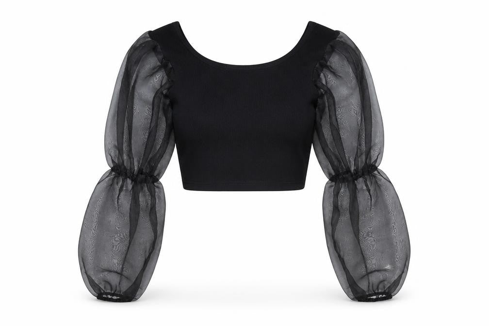 Front view of I Saw It First women’s black cropped puff sleeve blouse, size S