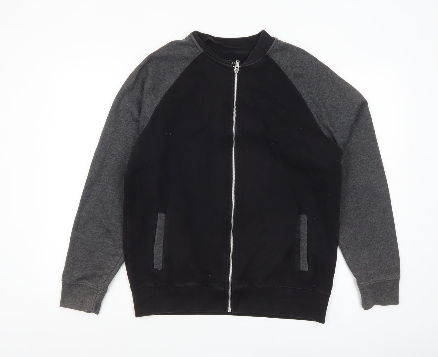 New Look Men Black Grey Bomber Jacket L Full Zip Cotton Blend