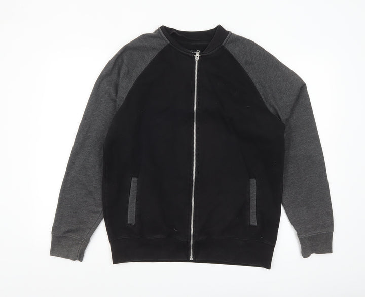 New Look Men Black Grey Bomber Jacket L Full Zip Cotton Blend