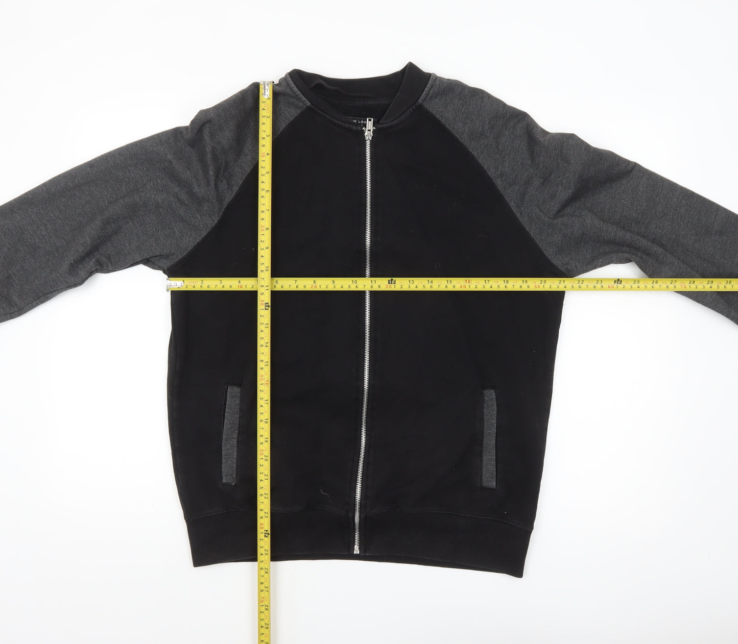 New Look Men Black Grey Bomber Jacket L Full Zip Cotton Blend
