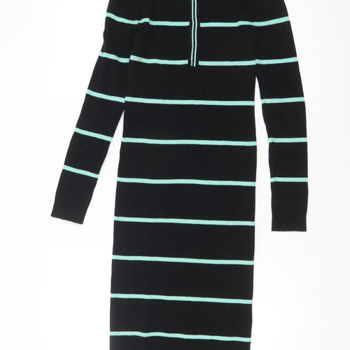 Collusion Women's Black Green Striped Collared Midi Shirt Dress Size 6