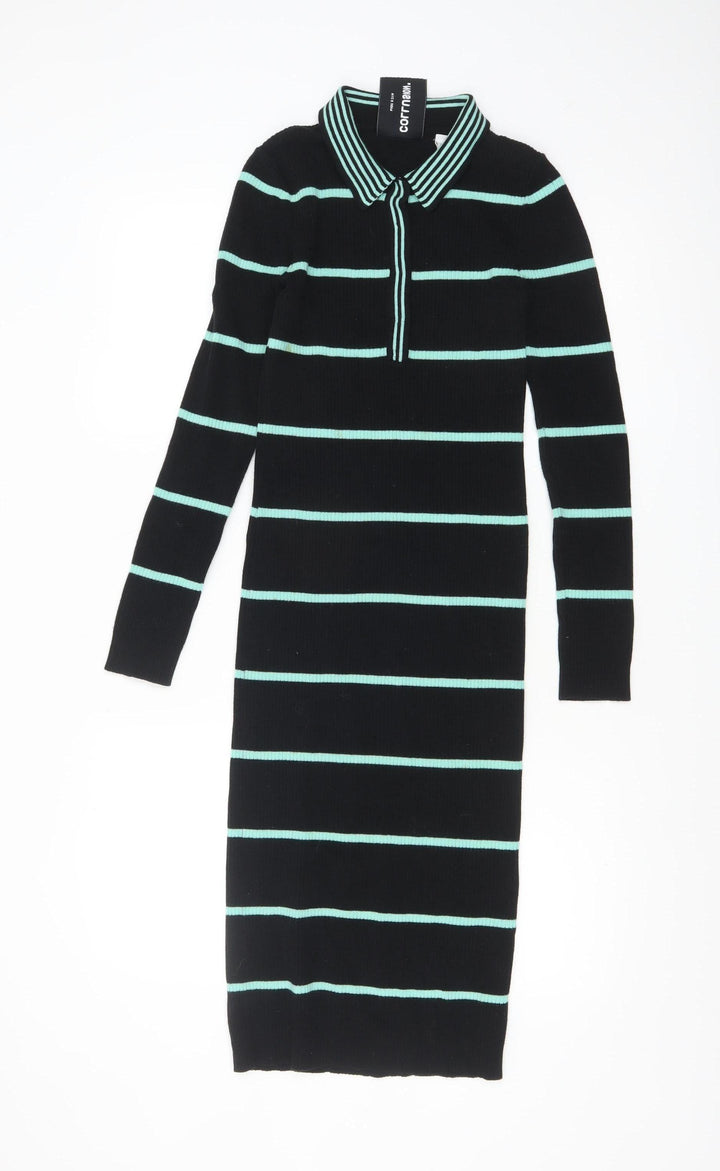 Collusion Women's Black Green Striped Collared Midi Shirt Dress Size 6