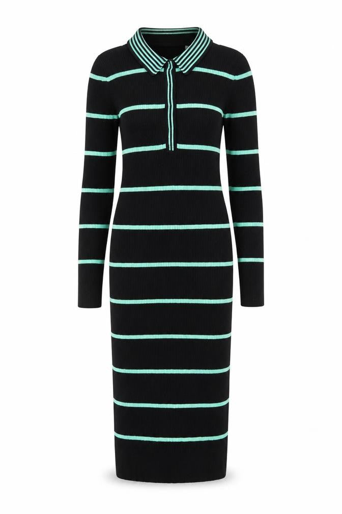 Collusion Women's Black Green Striped Collared Midi Shirt Dress Size 6