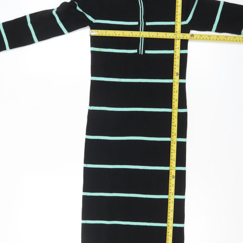 Collusion Women's Black Green Striped Collared Midi Shirt Dress Size 6