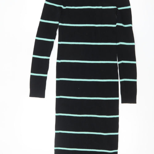 Collusion Women's Black Green Striped Collared Midi Shirt Dress Size 6