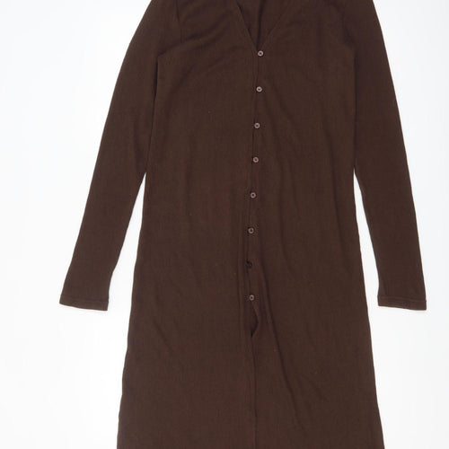 Zara Women Brown Midi Button Front Long Sleeve Knit Bodycon Dress Size S