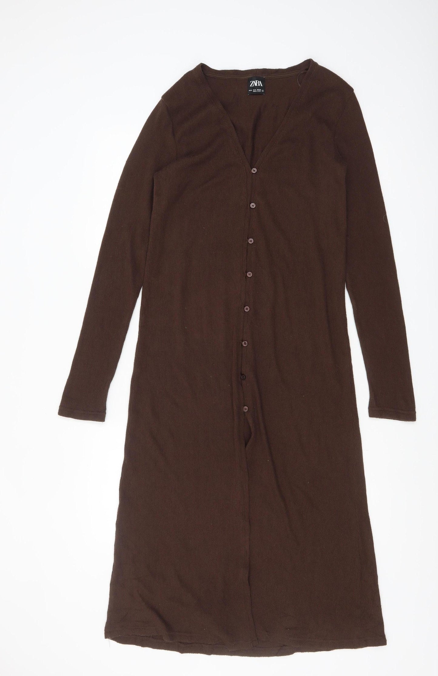 Zara Women Brown Midi Button Front Long Sleeve Knit Bodycon Dress Size S