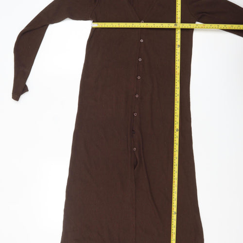 Zara Women Brown Midi Button Front Long Sleeve Knit Bodycon Dress Size S